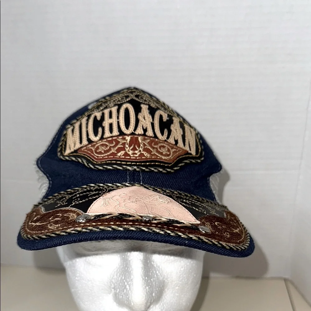 Michoacan Truckers SnapBack Baseball Cap Hat Blue & Brown Adjustable Mesh Studs